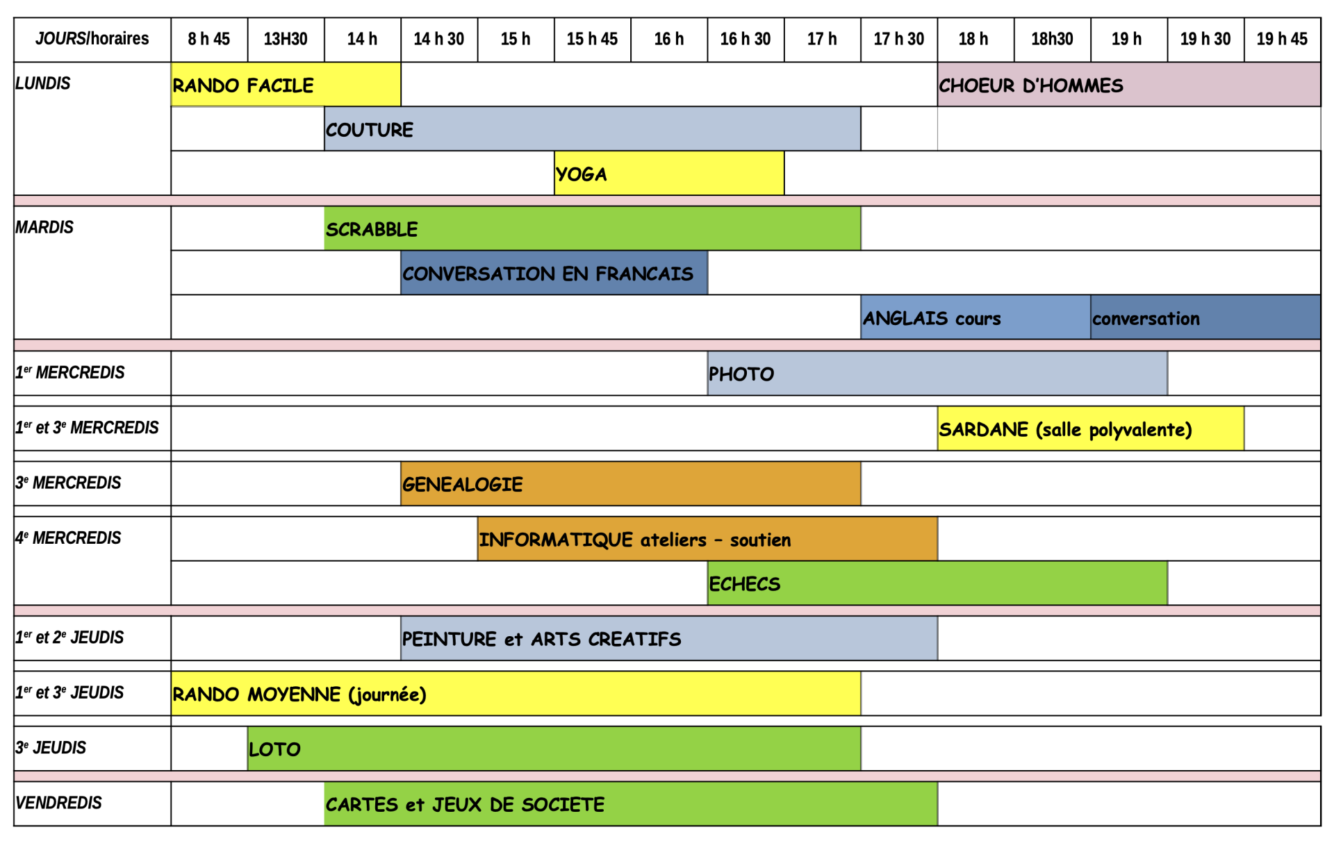 Activite s horaires 10 2024